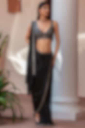 Black Satin Chiffon Draped Wedding Saree Set by Bohame at Pernia's Pop Up Shop