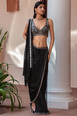 Black Satin Chiffon Draped Saree Set by Bohame
