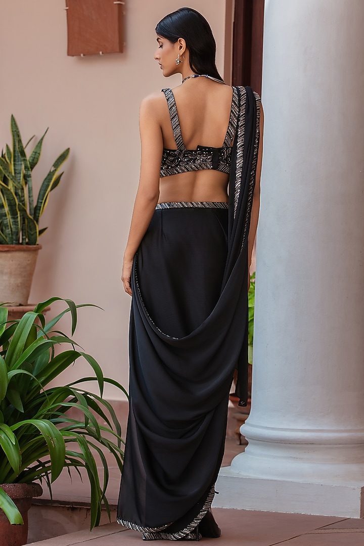 Black Satin Chiffon Draped Wedding Saree Set by Bohame at Pernia's Pop Up Shop