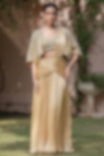 Beige & Gold Satin Chiffon Jacket Draped Wedding Saree Set by Bohame at Pernia's Pop Up Shop