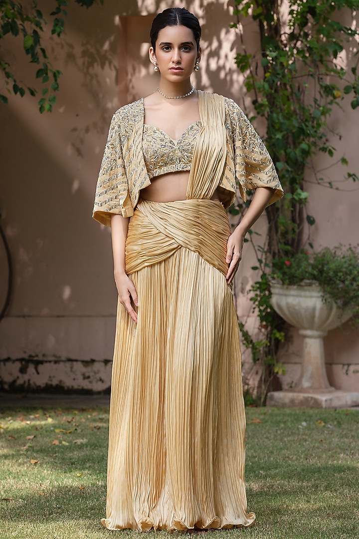 Beige & Gold Satin Chiffon Jacket Draped Wedding Saree Set by Bohame at Pernia's Pop Up Shop