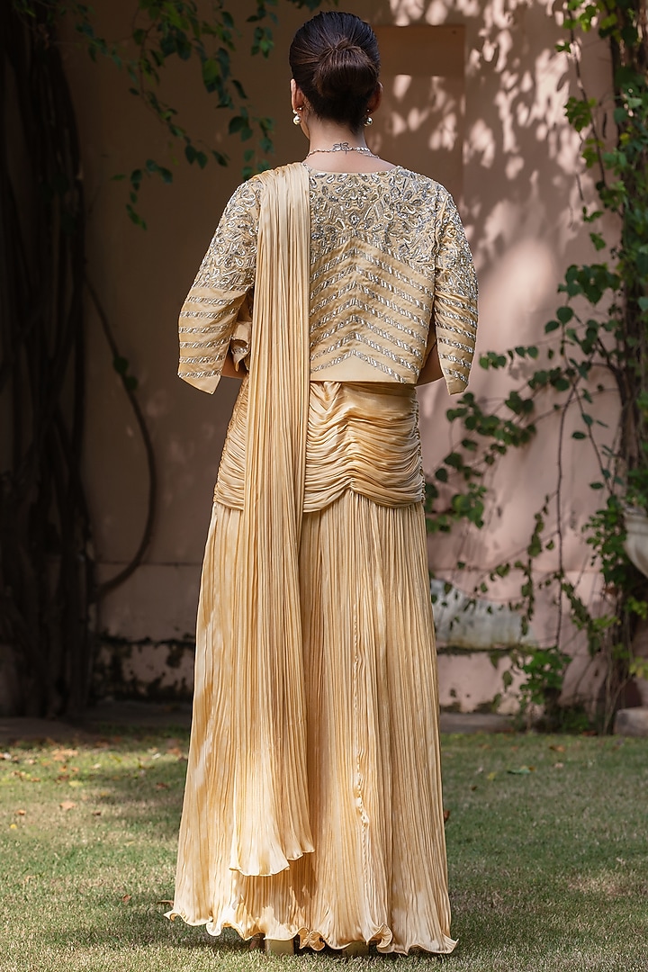 Beige & Gold Satin Chiffon Jacket Draped Wedding Saree Set by Bohame at Pernia's Pop Up Shop