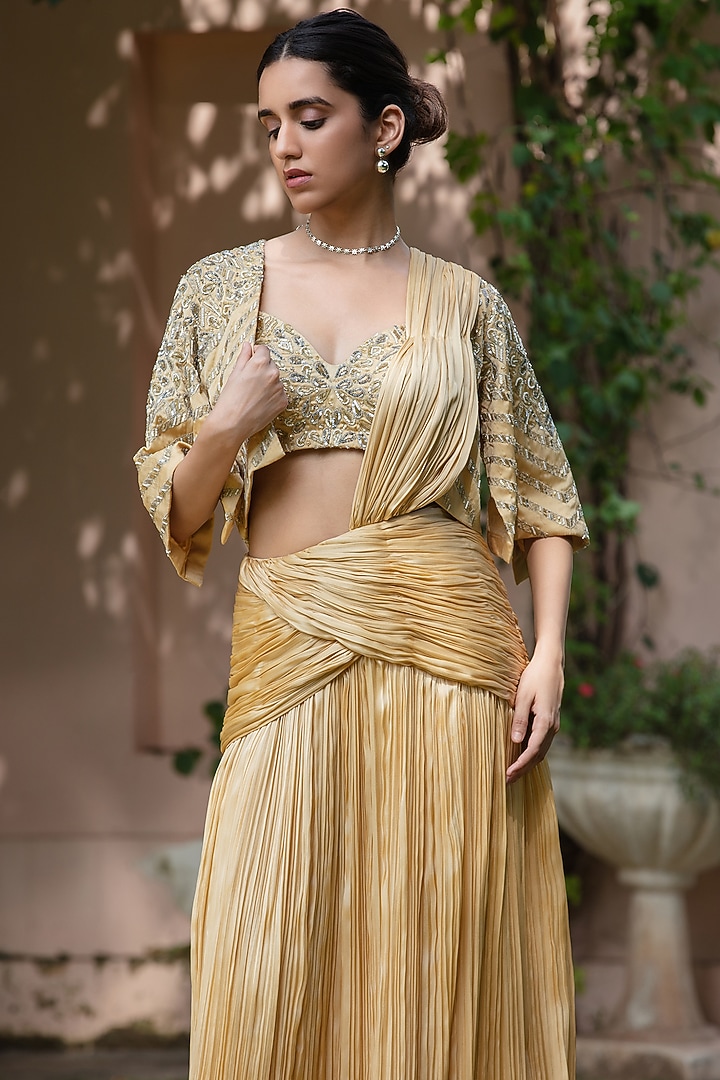 Beige & Gold Satin Chiffon Jacket Draped Wedding Saree Set by Bohame at Pernia's Pop Up Shop