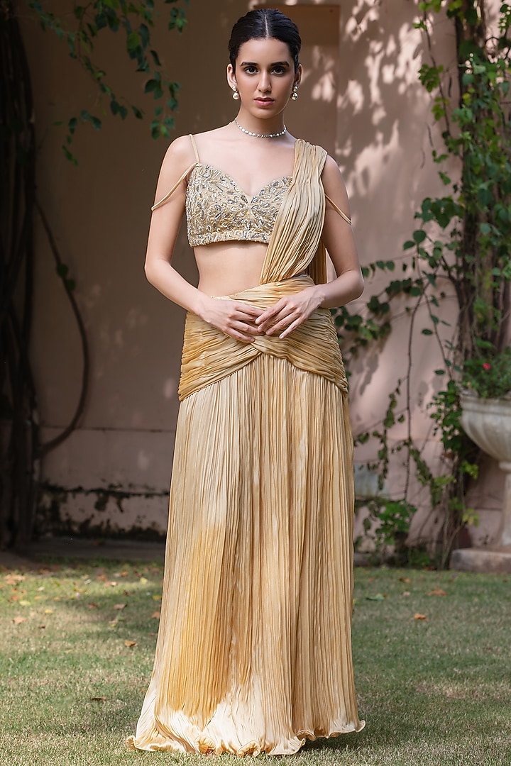 Beige & Gold Satin Chiffon Jacket Draped Wedding Saree Set by Bohame at Pernia's Pop Up Shop
