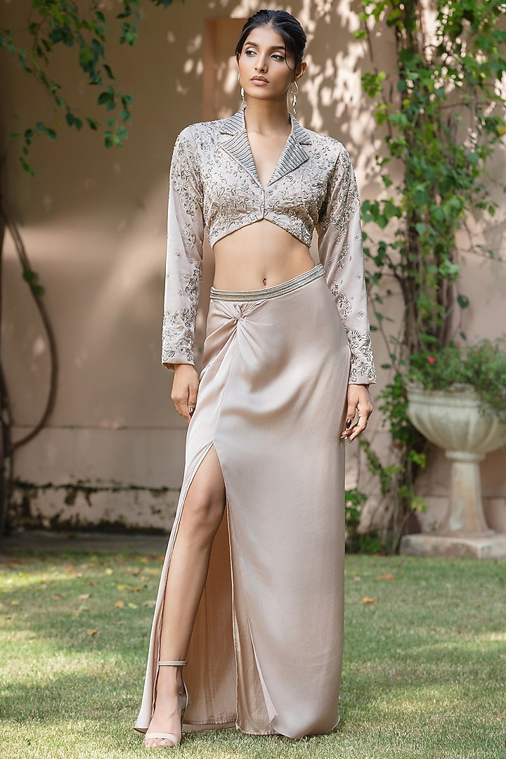 Champagne Satin Chiffon Skirt Set by Bohame at Pernia's Pop Up Shop