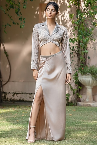 Champagne Satin Chiffon Skirt Set by Bohame