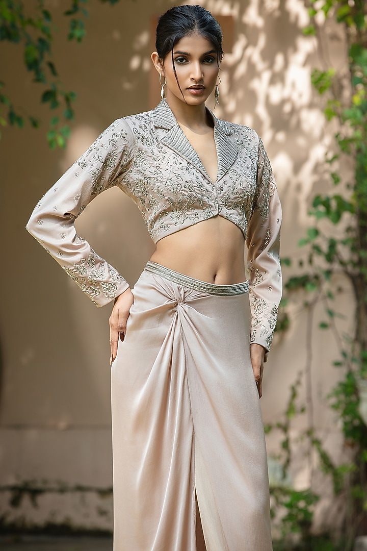 Champagne Satin Chiffon Skirt Set by Bohame at Pernia's Pop Up Shop