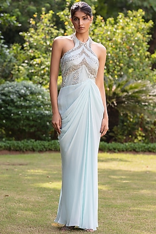 Ice Blue Crepe Gown by Bohame