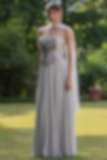 Light Grey Crepe Wedding Lehenga Set by Bohame at Pernia's Pop Up Shop