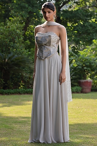 Light Grey Crepe Lehenga Set by Bohame