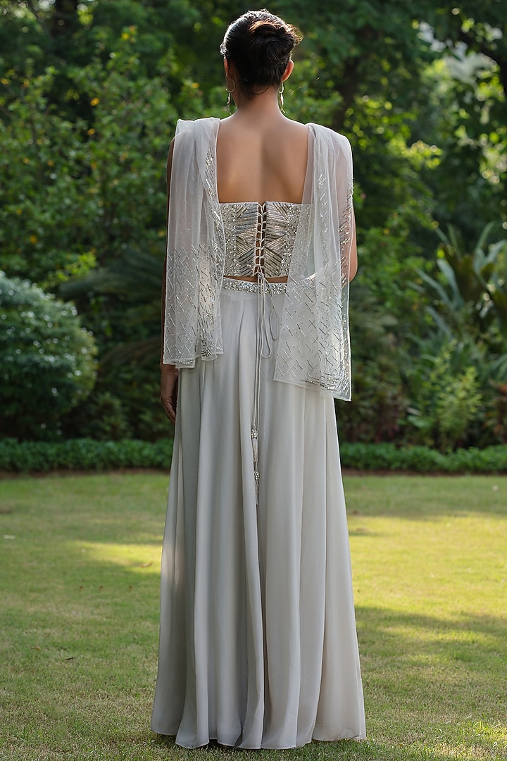 Light Grey Crepe Wedding Lehenga Set by Bohame at Pernia's Pop Up Shop