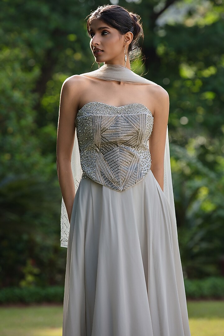 Light Grey Crepe Wedding Lehenga Set by Bohame at Pernia's Pop Up Shop