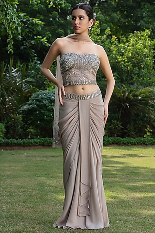 Champagne Crepe Lehenga Set by Bohame