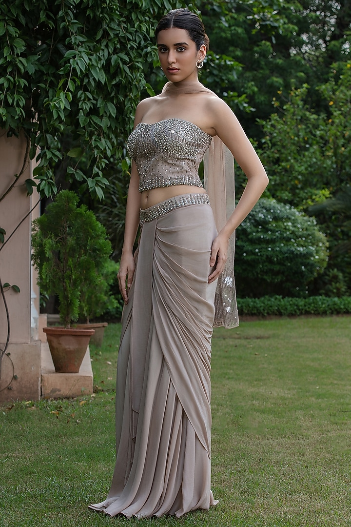 Champagne Crepe Wedding Lehenga Set by Bohame at Pernia's Pop Up Shop