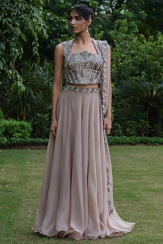 Champagne Organza Lehenga Set by Bohame