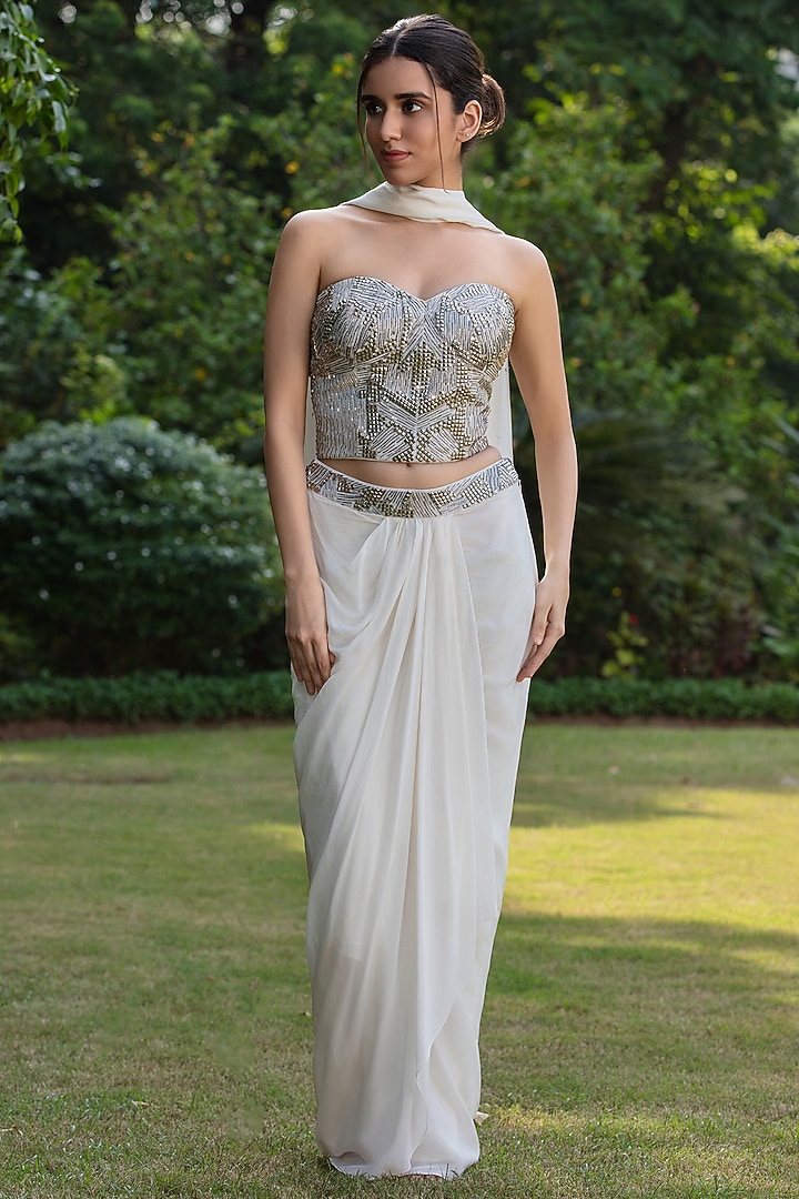 Ivory Crepe Wedding Lehenga Set by Bohame at Pernia's Pop Up Shop
