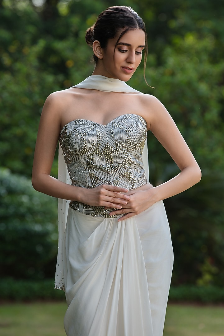 Ivory Crepe Wedding Lehenga Set by Bohame at Pernia's Pop Up Shop
