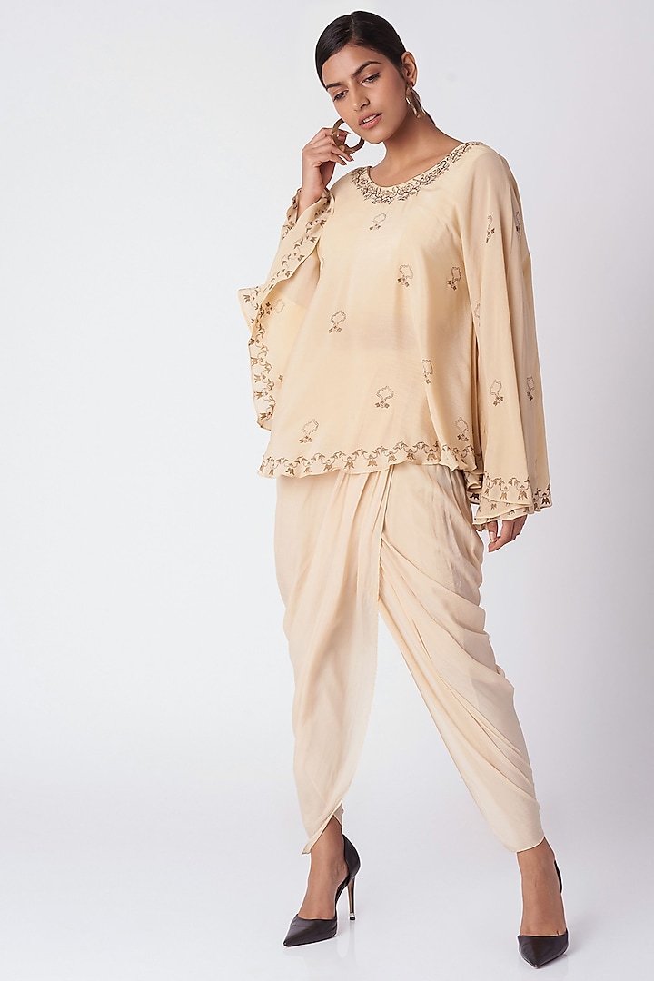 Beige Hand Embroidered Kaftan Top With Pants by Bohame