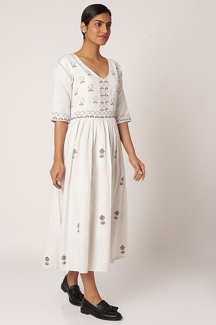 White Cotton Block Printed Dress by Bohame
