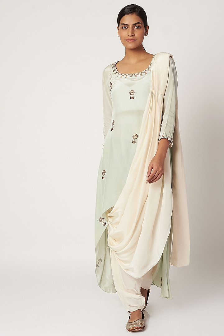 Mint Green Printed Top With Pants & Dupatta by Bohame