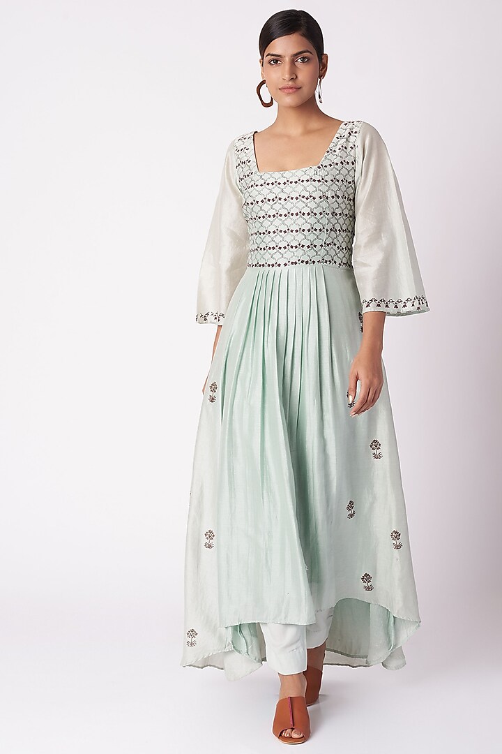 Mint Blue Pleated & Printed Dress With Pants by Bohame