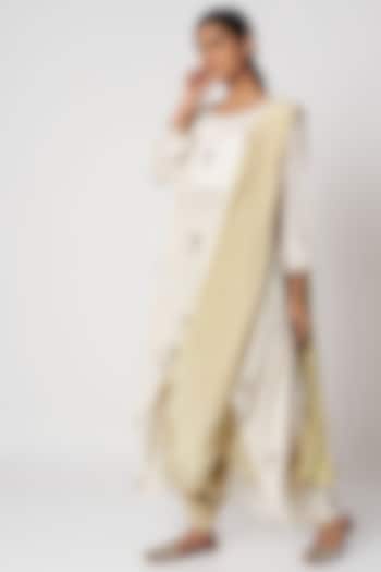 Off White Block Printed Top With Pants & Dupatta by Bohame