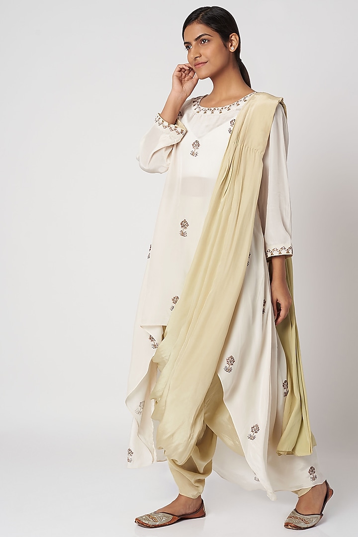 Off White Block Printed Top With Pants & Dupatta by Bohame