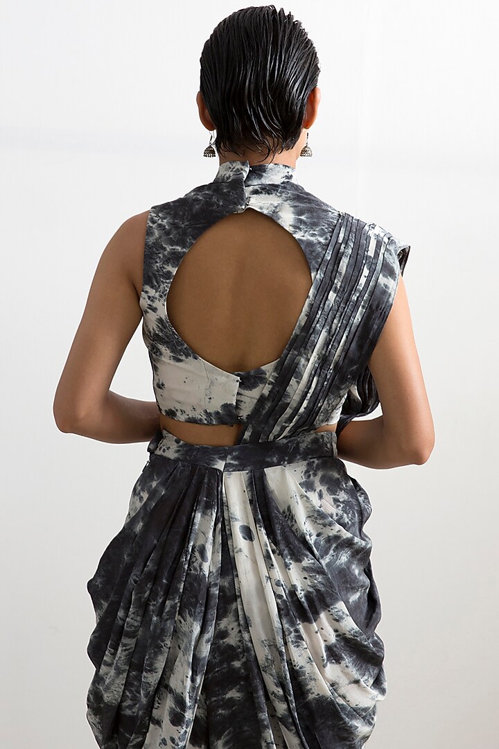 Black & Light Grey Tie-Dye Concept Party Wear Saree Set by Bohame at Pernia's Pop Up Shop