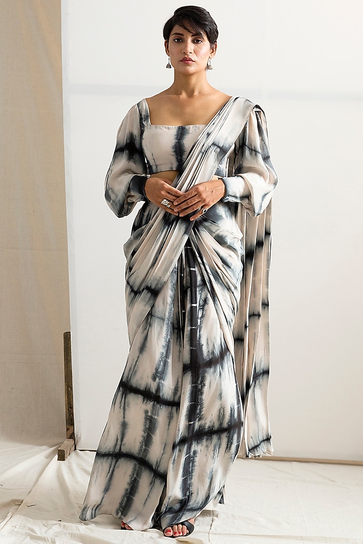 Blue & Cream Crepe Tie-Dyed Concept Party Wear Saree Set by Bohame at Pernia's Pop Up Shop