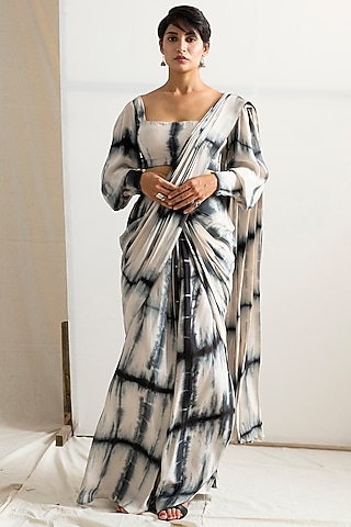 Blue & Cream Crepe Tie-Dyed Concept Saree Set by Bohame