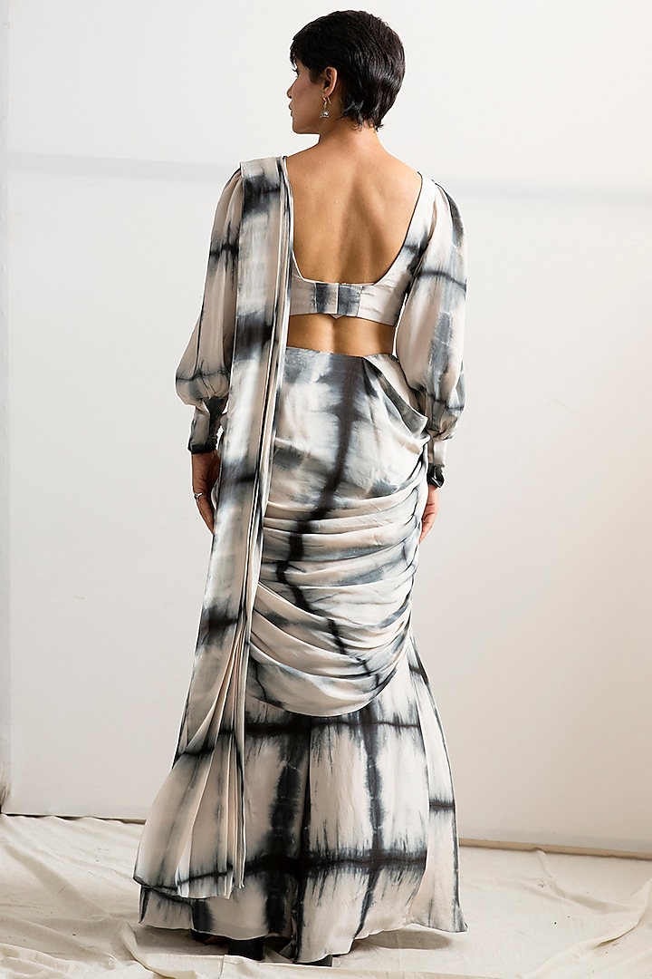 Blue & Cream Crepe Tie-Dyed Concept Party Wear Saree Set by Bohame at Pernia's Pop Up Shop
