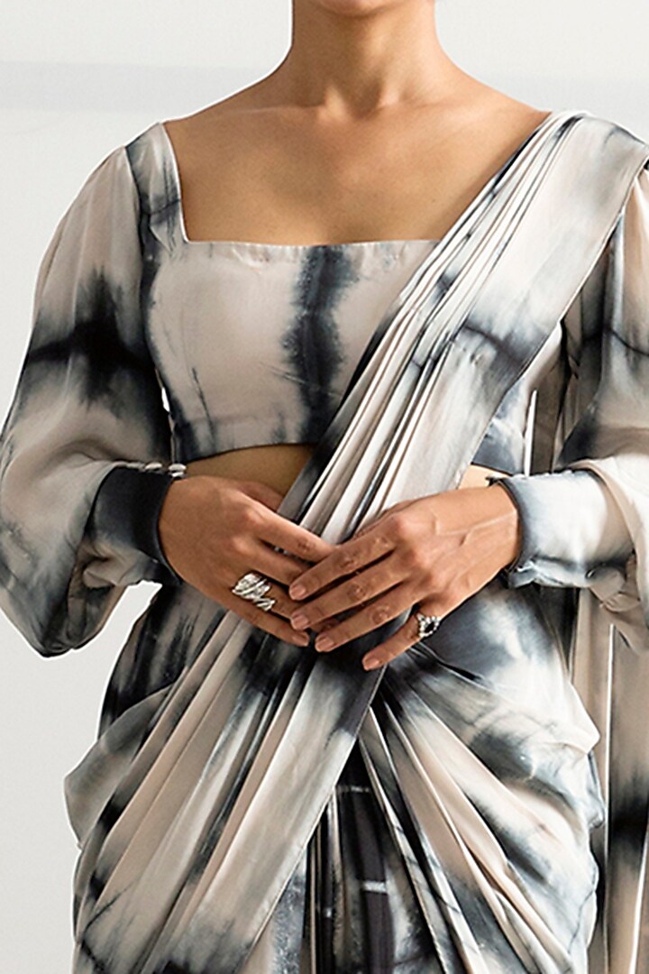 Blue & Cream Crepe Tie-Dyed Concept Party Wear Saree Set by Bohame at Pernia's Pop Up Shop