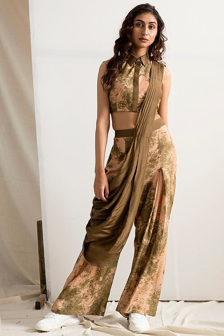 Beige & Green Tie-Dye Concept Party Wear Saree Set by Bohame at Pernia's Pop Up Shop