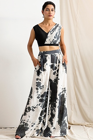 Light Grey & Black Tie-Dye Concept Saree Set by Bohame