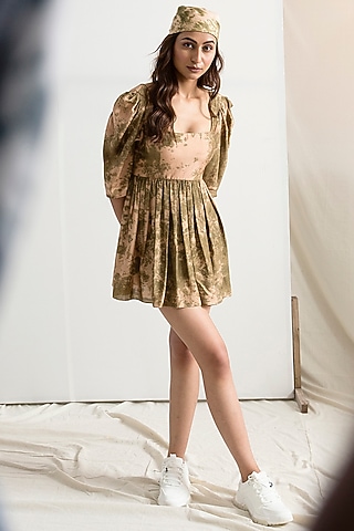 Beige & Green Tie-Dye Dress With Bandana by Bohame