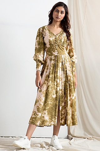 Beige & Green Tie-Dye Dress by Bohame