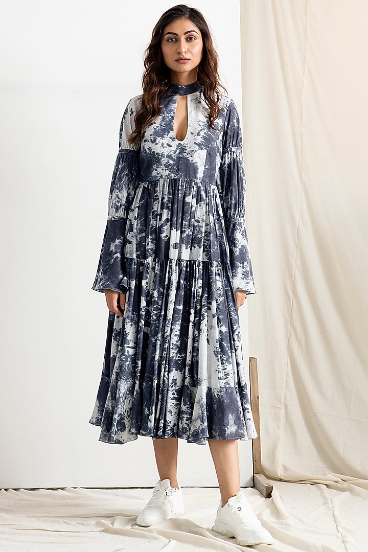 Light Grey & Black Tie-Dye Tiered A-Line Summer Dress by Bohame at Pernia's Pop Up Shop