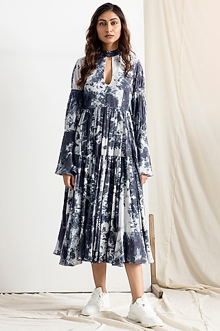 Light Grey & Black Tie-Dye Tiered A-Line Dress by Bohame
