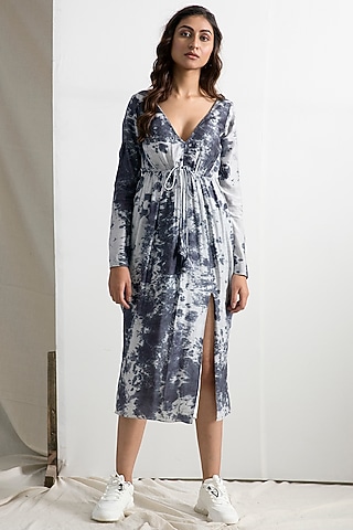 Light Grey & Black Tie-Dye Midi Dress by Bohame