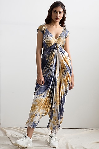 Cream & Blue Tie-Dye Jumpsuit by Bohame