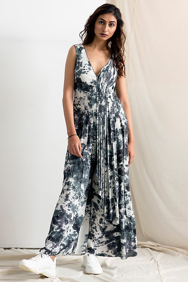 Light Grey & Black Tie-Dye Jumpsuit With Drape by Bohame at Pernia's Pop Up Shop