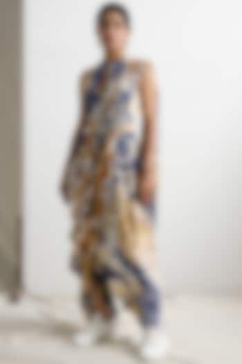 Cream & Blue Tie-Dye Saree Jumpsuit by Bohame at Pernia's Pop Up Shop