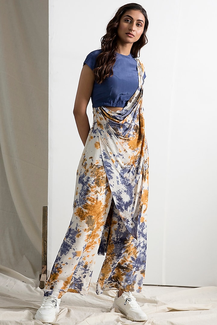 Cream & Blue Saree Jumpsuit With Tie-Dye by Bohame