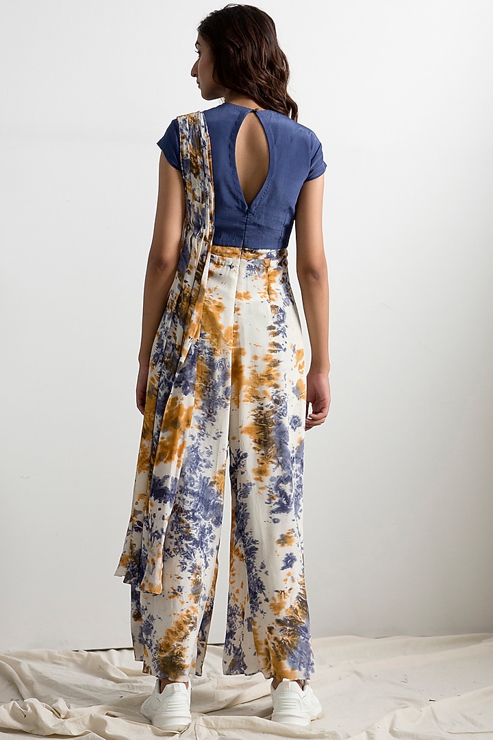 Cream & Blue Saree Jumpsuit With Tie-Dye by Bohame at Pernia's Pop Up Shop