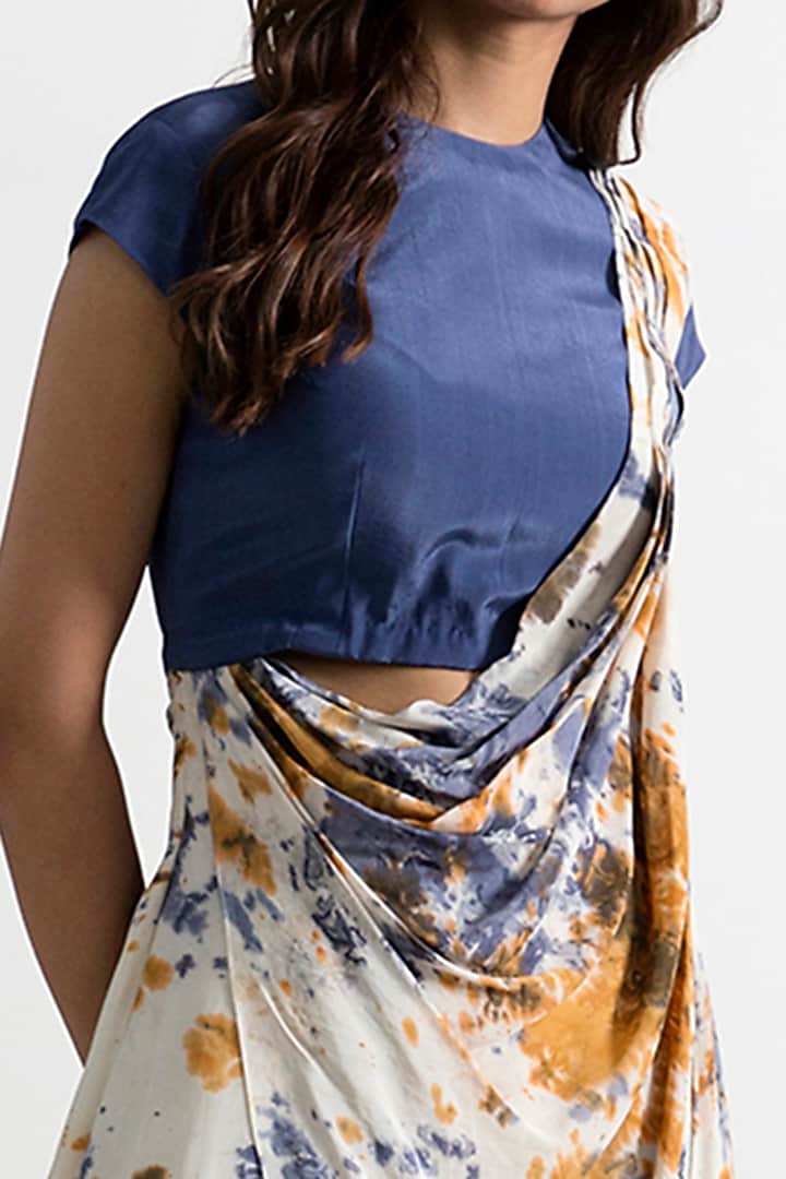 Cream & Blue Saree Jumpsuit With Tie-Dye by Bohame at Pernia's Pop Up Shop