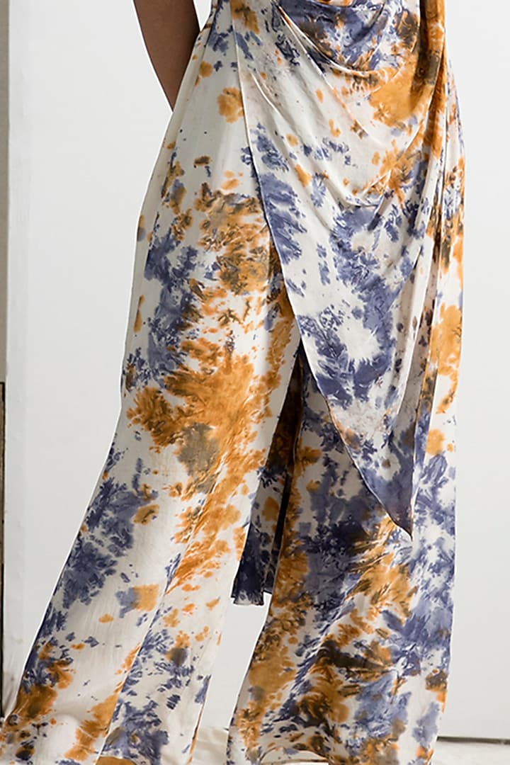 Cream & Blue Saree Jumpsuit With Tie-Dye by Bohame at Pernia's Pop Up Shop