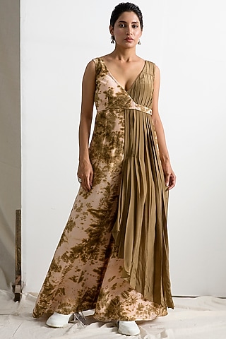 Beige & Green Tie-Dye Saree Jumpsuit by Bohame