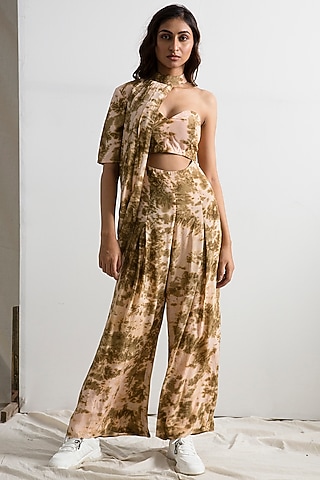Beige & Green Tie-Dye Half Cape Jumpsuit by Bohame