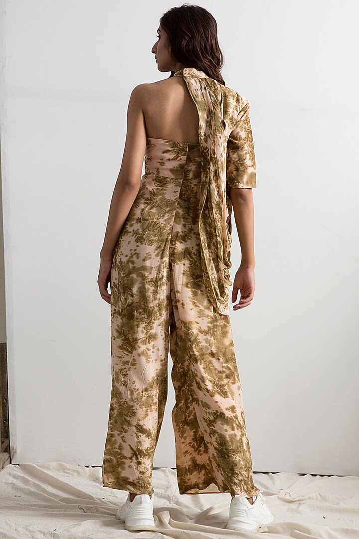 Beige & Green Tie-Dye Half Cape Jumpsuit by Bohame at Pernia's Pop Up Shop