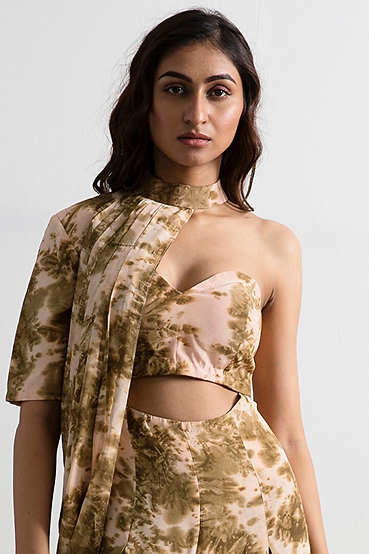 Beige & Green Tie-Dye Half Cape Jumpsuit by Bohame at Pernia's Pop Up Shop